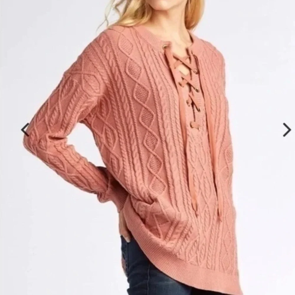 Show Me Your MuMu Lace Up Sweater Mauve Cable Knit